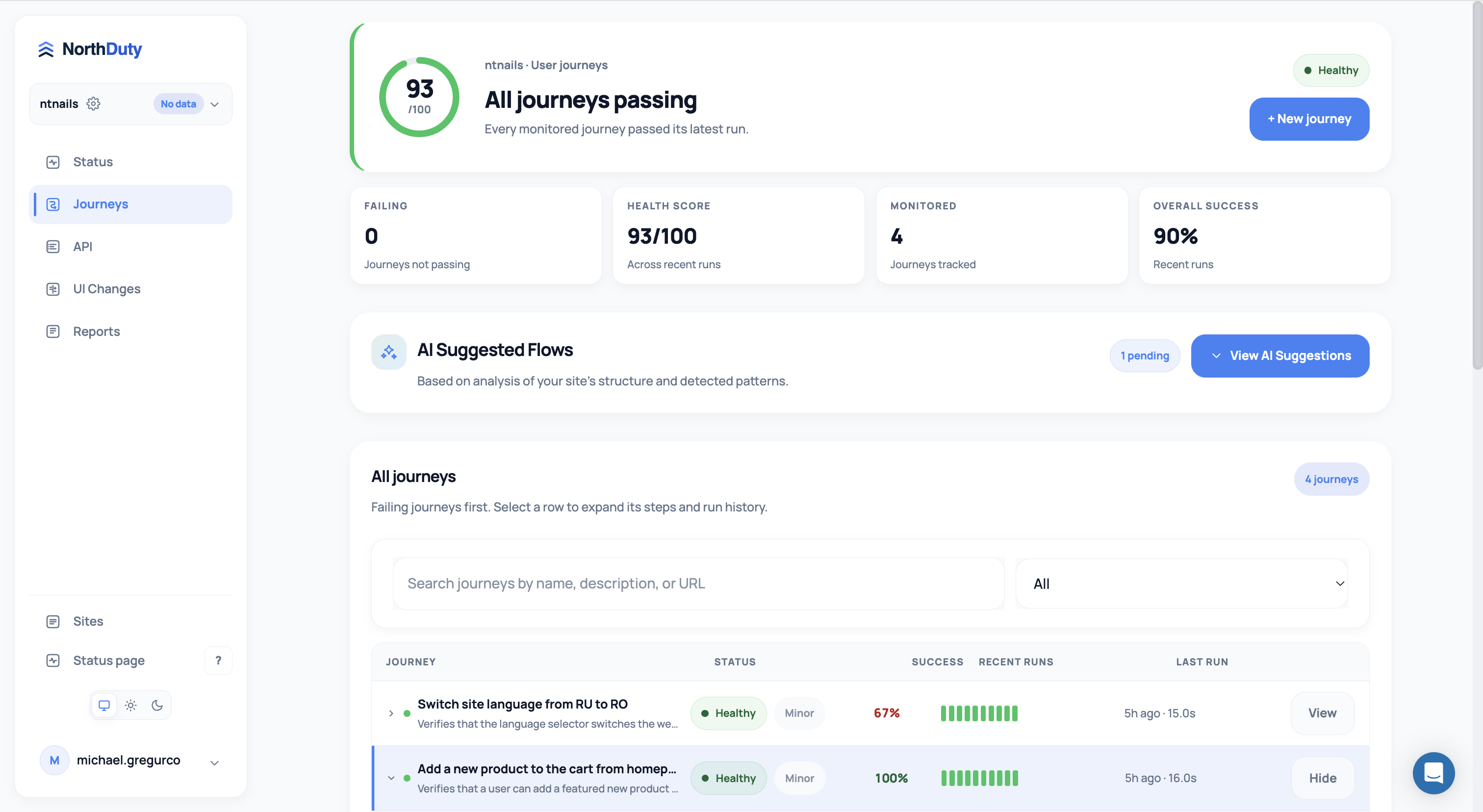 NorthDuty journey checks screen showing all journeys passing, a 93 out of 100 health score, AI suggested flows, and monitored journey results.